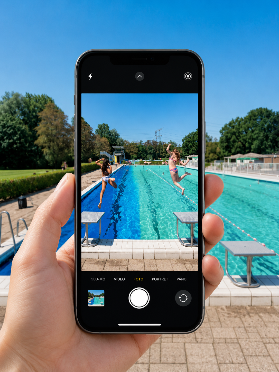iPhone toont een live foto van een openbaar zwembad — AI Pool Visualizer preview